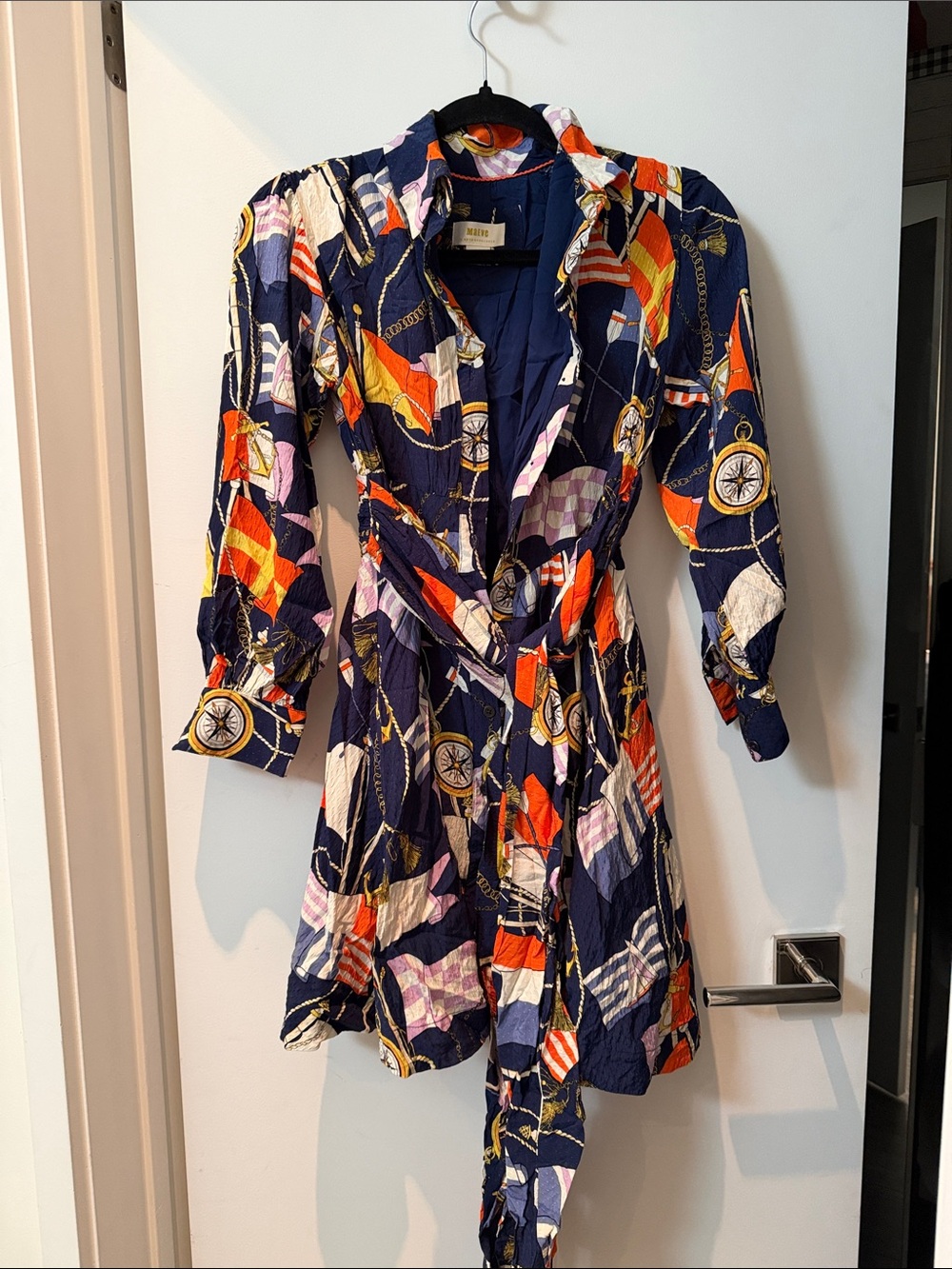 Maeve Navy Multi-Print Wrap Dress with Orange and Pink Accents